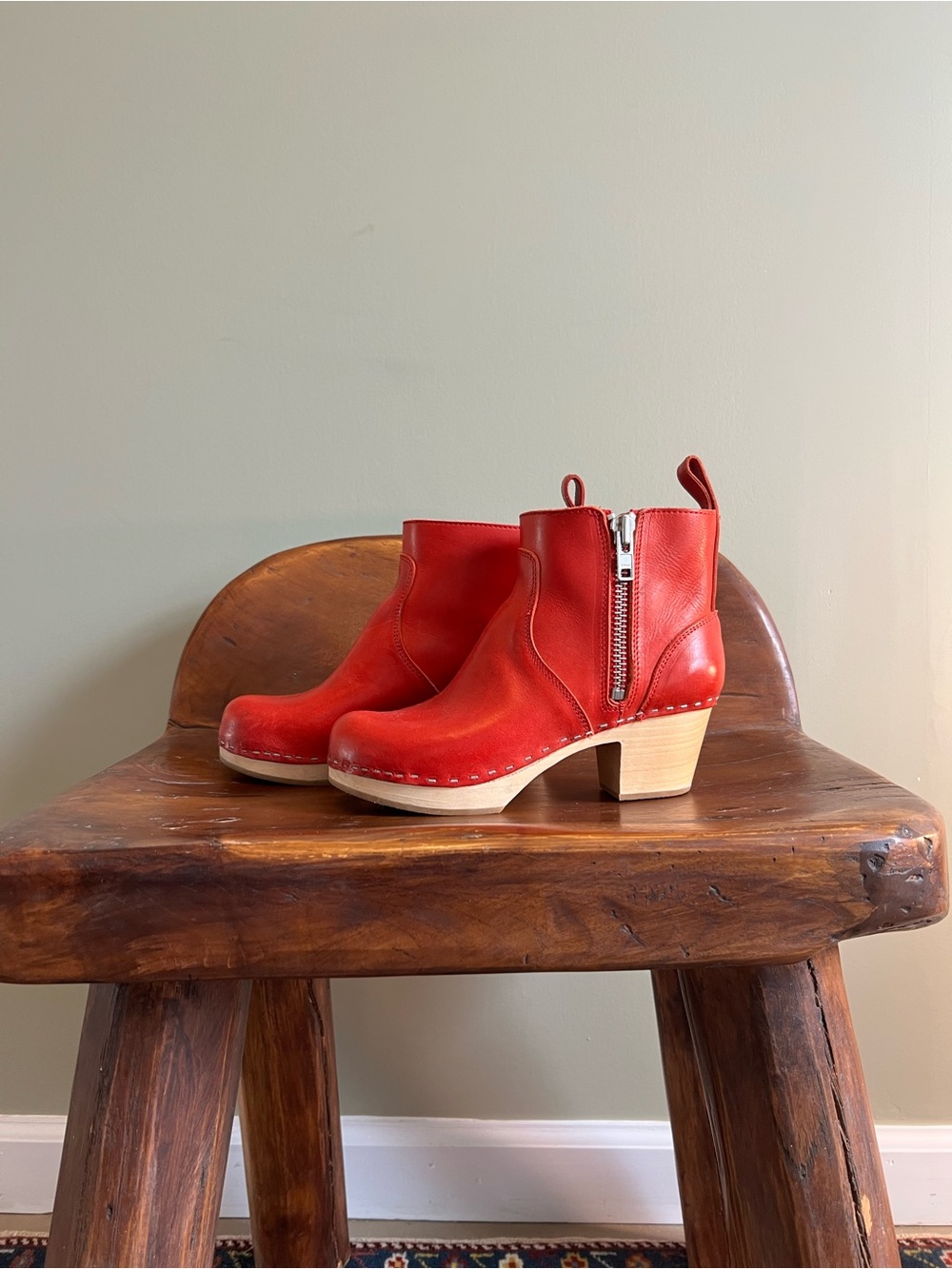 Swedish Hasbeens Red Leather Zip Clog Ankle Boots